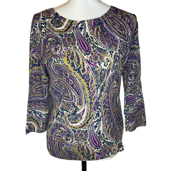Talbots Medium Paisley Print Lightweight Sweater Purple Yellow Green - Picture 1 of 4